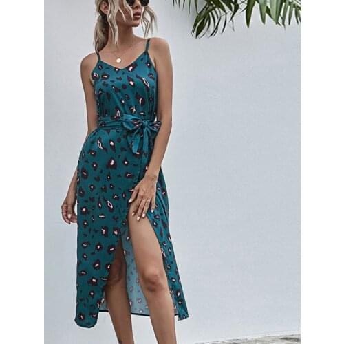 Leopard Print Girls Holiday Dress Women Sexy Sleeveless Split Summer Skirt Vacation Boho V-Neck Beach Female Sashes Robe Dresses