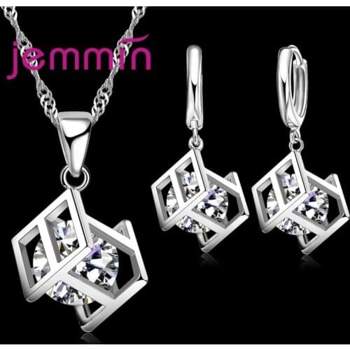New Arrival Women Square Shape Cubic zirconia inside Dangle Earrings Pendant Necklace 925 Sterling Silver Jewelry Sets for Sale