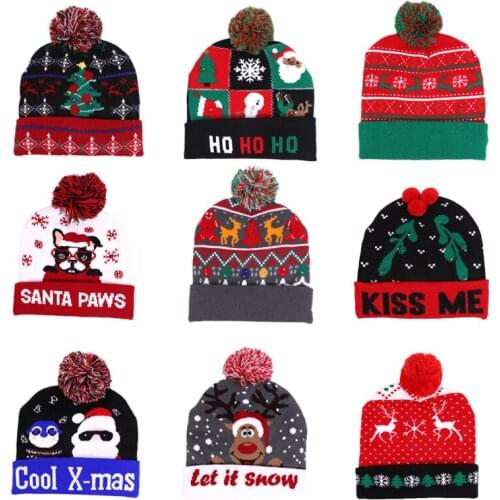 2020 New Year LED Knitted Christmas Hat Beanie Light Up Illuminate Warm Hat For Kids Adults New Year Christmas Decor