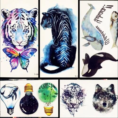 3D Temporary Tattoo Animal Blue Tiger Butterfly Whale For Boy Girl Children Cartoon Tattoo Sticker Kids Watercolor Tatto Arm Art