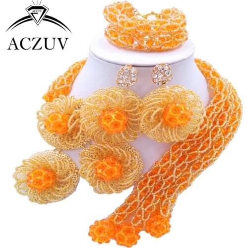ACZUV Latest Orange Gold AB Crystal African Traditional Beads Nigerian Necklace Wedding Jewelry Sets C3F003