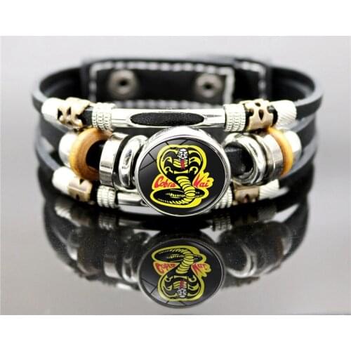 Cobra Kai Punk Leather Bracelet Karate Kid Movie Glass Snap Button Jewelry Multilayer Vintage Handmade Braided Bracelet Men