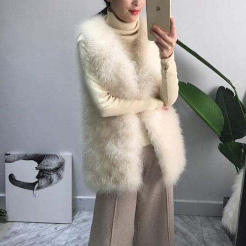 Long Real Fur Gilet Hand-knitted Natural Ostrich Feather Fur Waistcoat High Quality Genuine Fluffy Fur Fever Vest Charcoal Grey