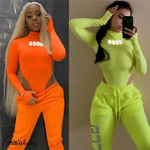 Hirigin Sexy Women Reflective Letter Print Neon Green Playsuit Bodysuit Clubwear Long Sleeve Autumn Slim Jumpsuit Rompers Tops