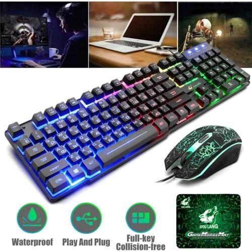 T5 Rainbow Backlight USB Keyboard 104 keys Ergonomic Gaming English Russian Keyboard And Mouse Set for PC Laptop with Mouse Pad