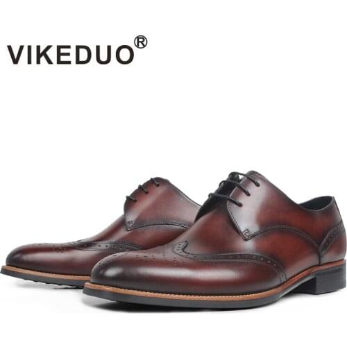 VIKEDUO Classic Full Brogue Dress Shoes For Men Patina Formal Mans Derby Shoes Bespoke Handmade Leather Footwear Zapato Hombre