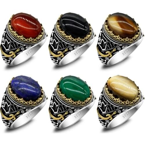 Red Classic Punk Mens Natural Black Agate Ring 925 Sterling Silver Zirconium Tiger Eye Dagger Turkish Ring Mens Jewelry Gift