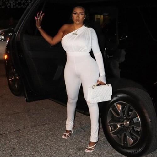 UVRCOS Rompers Womens Jumpsuit Summer Solid Sexy One Shoulder Bodysuit Diagonal Collar Long Sleeve High Street Going Out Outifts