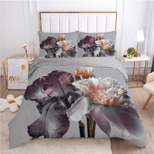Bedding Set King/Queen Size Duvet Cover Pillowcases Comforter Quilt Blanket Cover Luxury 3D HD Printed Reactive Flowers Gray