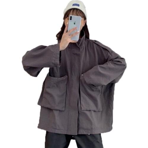 Oversized Womens Coat & Jacket 2020 New Spring Autumn Solid Color Zipper Casual Jackets Tops lady Retro Tooling Outerwear 1841