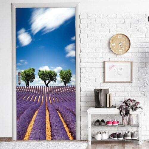 Lavender Flower Field Door Sticker Home Decoration Wall Art Landscape Picture Bedroom Living Room Decoration Door Decal 2 Pieces