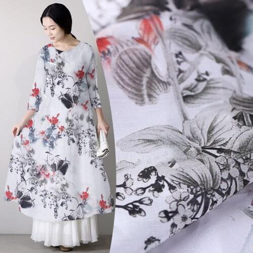 Lotus digital inkjet silk linen fabric dress cheongsam chinese silk fabric natural linen fabric wholesale linen cloth 140cm
