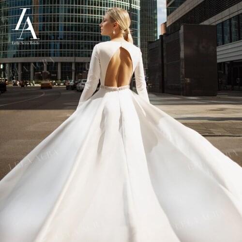 Fashion Long Sleeve Satin Wedding Dress V-neck Crystal A-Line Princess Bridal Gown Court Train LelaAcra AK07 Vestido De Noiva