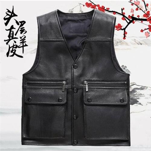 2021 Mens First Layer Cowhide Vest Multi-Pocket Photography Outdoor Fishing Vest