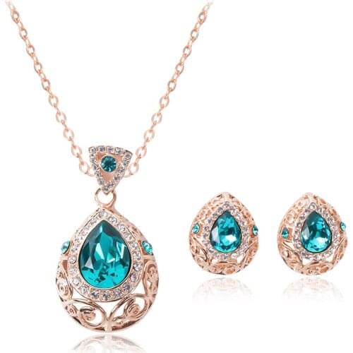 Wholesale Vintage Baroque Style Bridal Wedding Set Shiny Blue Rhinestone Women Necklace Stud Earrings Set Luxury Jewelry