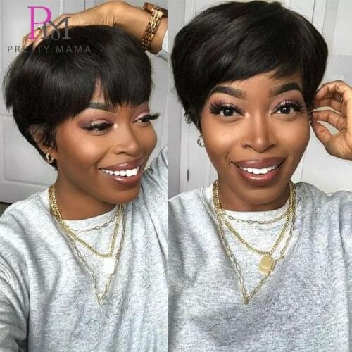 Short Straight Human Hair Wig Brazilian Remy Pixie Cut Wig Human Hair Full Machine Made Natural Color Cheap Bob Wig Pretty Ma Ma