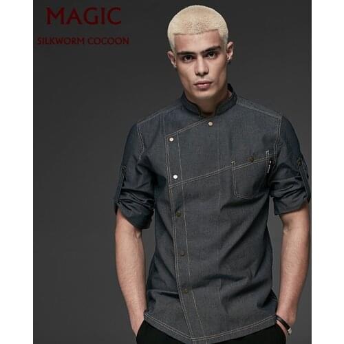 Casual Neutral Blue Denim Fabric Long Sleeve Chef Jacket Kitchen Catering Restaurant Catering Service Hotel Uniform Chef Clothes