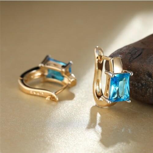 Luxury Crystal Square Stone Earrings Aqua Blue Zircon Hoop Earrings Fashion Gold Color Small Earrings For Women Wedding Jewelry