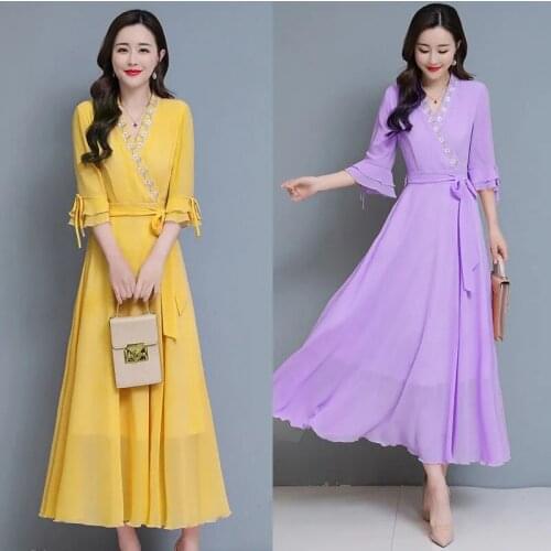 Spring summer New Female Dress Women Retro Embroidered Chiffon Dresses Middle length Slim V-neck Dress Ladies Dresses Vestidos