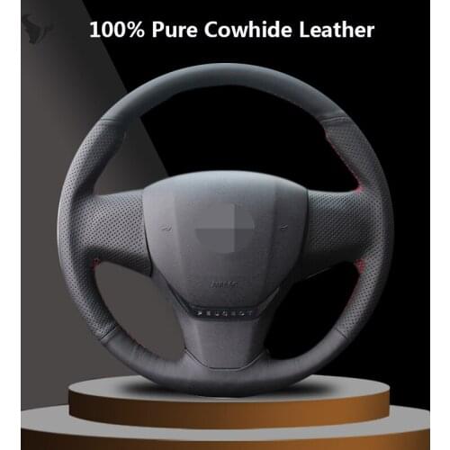 Hand-stitched Black Genuine Leather Steering Wheel Cover for Peugeot 408 2014 2015