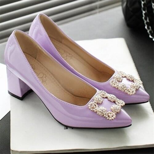Block Heels Shoes Pointed Toe High Heels Womens Pumps Spring Patent Leather Wedding Shoes Office Work Party Shoes Black Violet