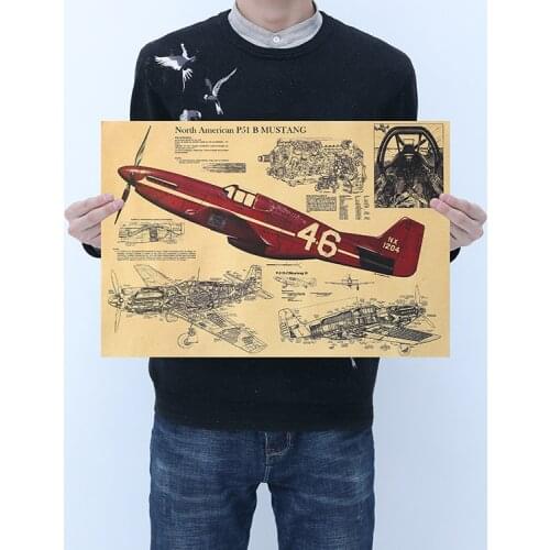 Vintage P51 Fighter Structural Drawing Poster Room Decoration Stickers Home Decor Kraft Paper Wall Sticker Posters