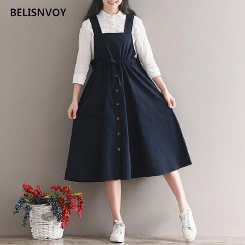 2021 Summer Autumn Women Sleeveless Vintage Dress Navy Blue Cotton Linen Casual Loose Vestidos Spaghetti Strap Female Dresses