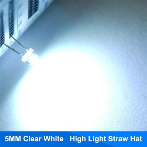 100pcs 5mm White Straw Hat Light Emitting Diode LED Lamp Wide Angle 5 mm 20mA Ultra Bright (Clear Lens) Electronics Components