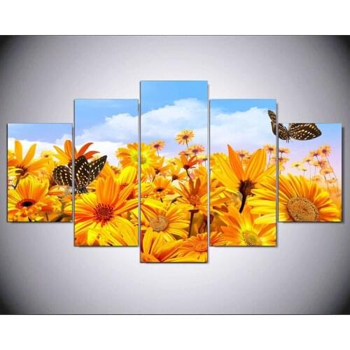 5 panel modern yellow flowers with butterfly hd Art print canvas art wall framed paintings for living room wall picture IM-470
