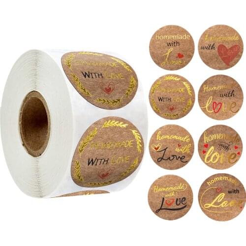 500pcs Round Natural Kraft Handmade Stickers Scrapbooking for Kids Gift Package Adhesive Seal Labels Homemade with Love Stickers