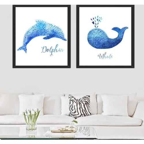 Abstract Marine Animal Poster Cute Dolphin Whale Canvas Painting Children Baby Bedroom Living Room Decoration Wall Art Pictures