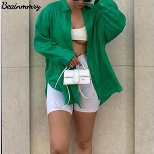 Za Green Loose Women Shirts 2021 Spring And Autumn Long Sleeve Turn Down Collar Blouse Female Chic Single Breasted Shirt