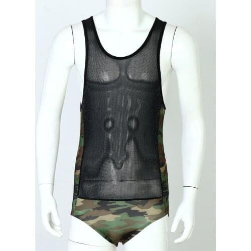 Summer Fashion Shorts Men Shiny See-through Sleeveless Bodysuit Stretchy Camouflage Print Patchwork Leotard Nightwear Clubwear