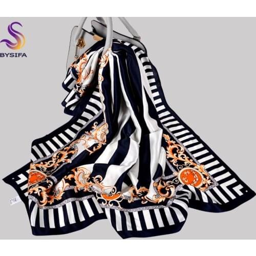 BYSIFA|Winter Ladies' Scarves Fashion Navy Blue White Striped Silk Scarf Shawl Printed 90*90cm Brand Women 100% Silk Scarf Hijab