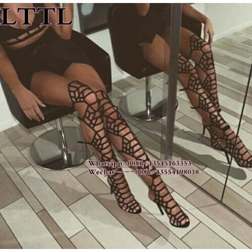 Black Leather Gladiator Sandal Boots Women High Heel knee High Booties Cut Out Buckle Strap Sandals Summer thigh high Boots
