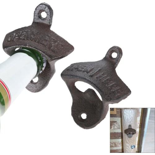 5pcs Cast Iron Wall Mount Bottle Opener Beer Open Brown "Open Here" Hanging Kitchen Tools Bar Gadget w/screw Vintage Decor
