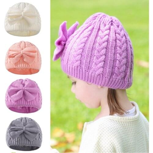 0-3 Years Children Warm Hat Autumn and Winter Toddlers Baby Solid Color Bow Knitted Hats Newborn Warm Hat Caps