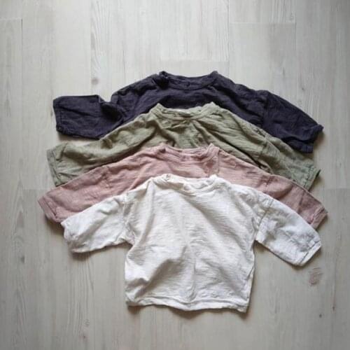 Kids T-shirts New Autumn Winter Fashion Linen Solid Color Long Sleeve Boys Tops Children Boys Casual T-shirt Baby Girls Clothes