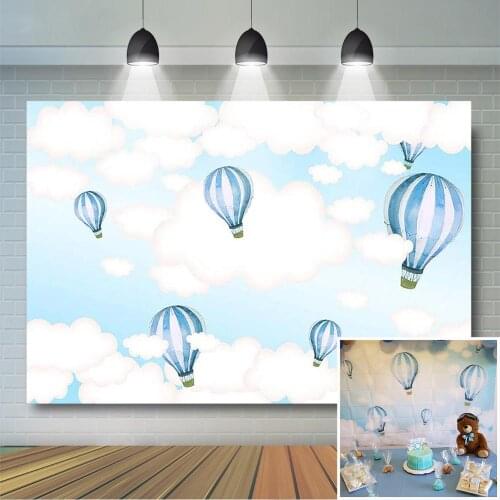Hot Air Balloon Backdrop Baby Shower Kids Birthday Party Decorations Blue Sky and White Clouds Newborn Photo Studio Background