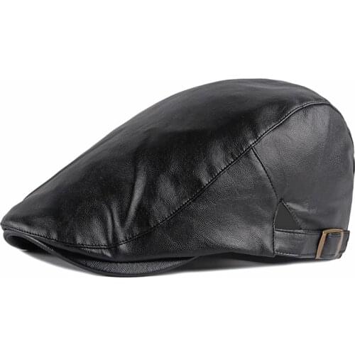 PU Leather Beret Hat For Men Imitation leather Herringbone Berets Flat Peaked Forward Cap Women Solid Black Red Newsboy Hats