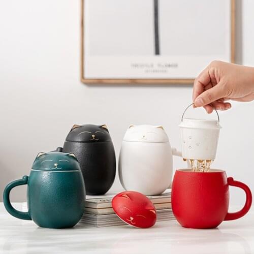 Lucky Cat Ceramic Cup Creative Tea Cup with Lid Office Household Kettle Milk Cup Coffee Cup Cartoon Custom Gift