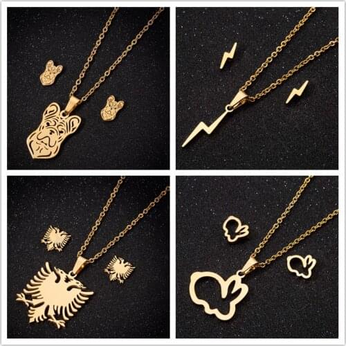 Oly2u Delicate French Bulldog Lovely Bunny Eagle Gold Jewelry Sets Stainless Steel Punk Lighting Necklaces for Men Women