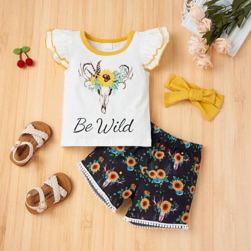 Baby Girls Clothes Sets Sunflower Fashion Print Tops+Shorts Pants 3 Pieces With Headband Casual Infant Baby Children Set