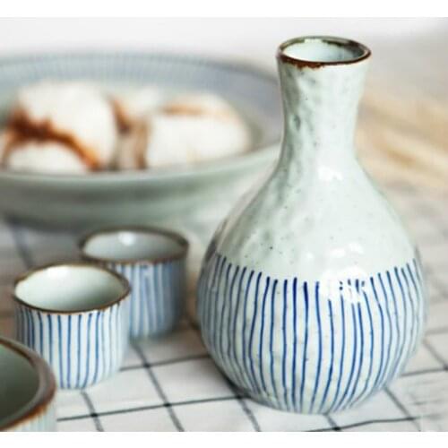Fresh Pleasure 400Ml Round Striped Sake Hip Flask Japan Creative Hand-Painted Ceramic Bar Set 1 Pot 2/4 Cups Shochu Wine Set