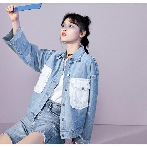 New Student Tooling Jeans Jacket Womens Blue Loose Korean Spring And Autumn Versatile Color Matching Jacket Fashion Jeans