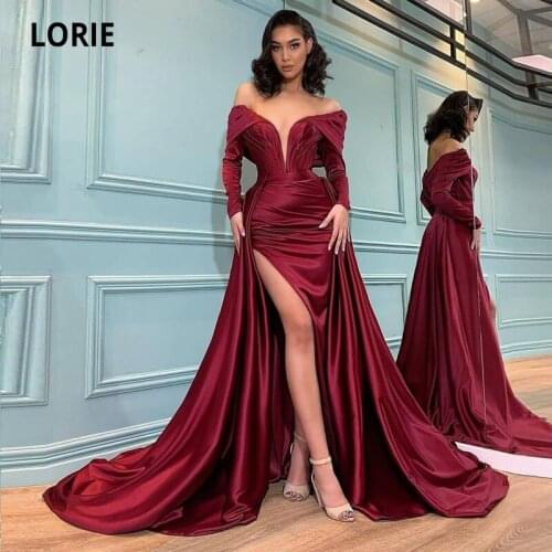 LORIE Arabic Evening Dresses off Shoulder Long Sleeves Pleats Side Split Burgundy Prom Gown Party Dress abendkleider 2021 dubai