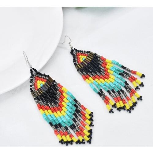 Fashion Multicolor Bohemian Ethnic Earrings Sexy Temperament Long Tassels Hand-Woven Rice Beads Earrings Jewelry Accessories
