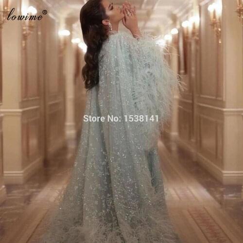 Plus Size Muslim Evening Dresses Long Sequins Formal Evening Gowns Arabic Feathers Celebrity Dresses With Cape Formelle Robe