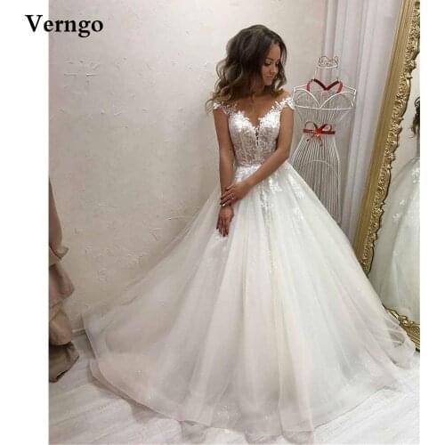 Verngo Sheer Scoop Neck Lace Applique Wedding Dress For Bridal Glitter Skirt A Line Chapel Train Bride Dresses Buttons Back