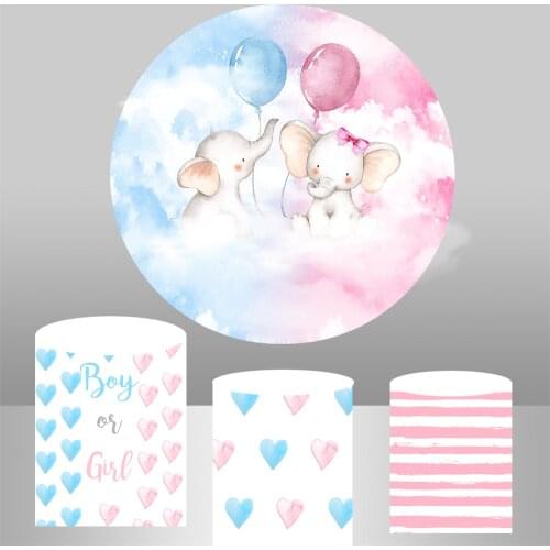 Gender Reveal Banner Decoration Girl or Boy Elephant Backdrop Blue and Pink Party Round Background Cylinder Covers YY-498